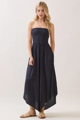 Navy Smocked Strapless Tulip Leg Maternity Jumpsuit
