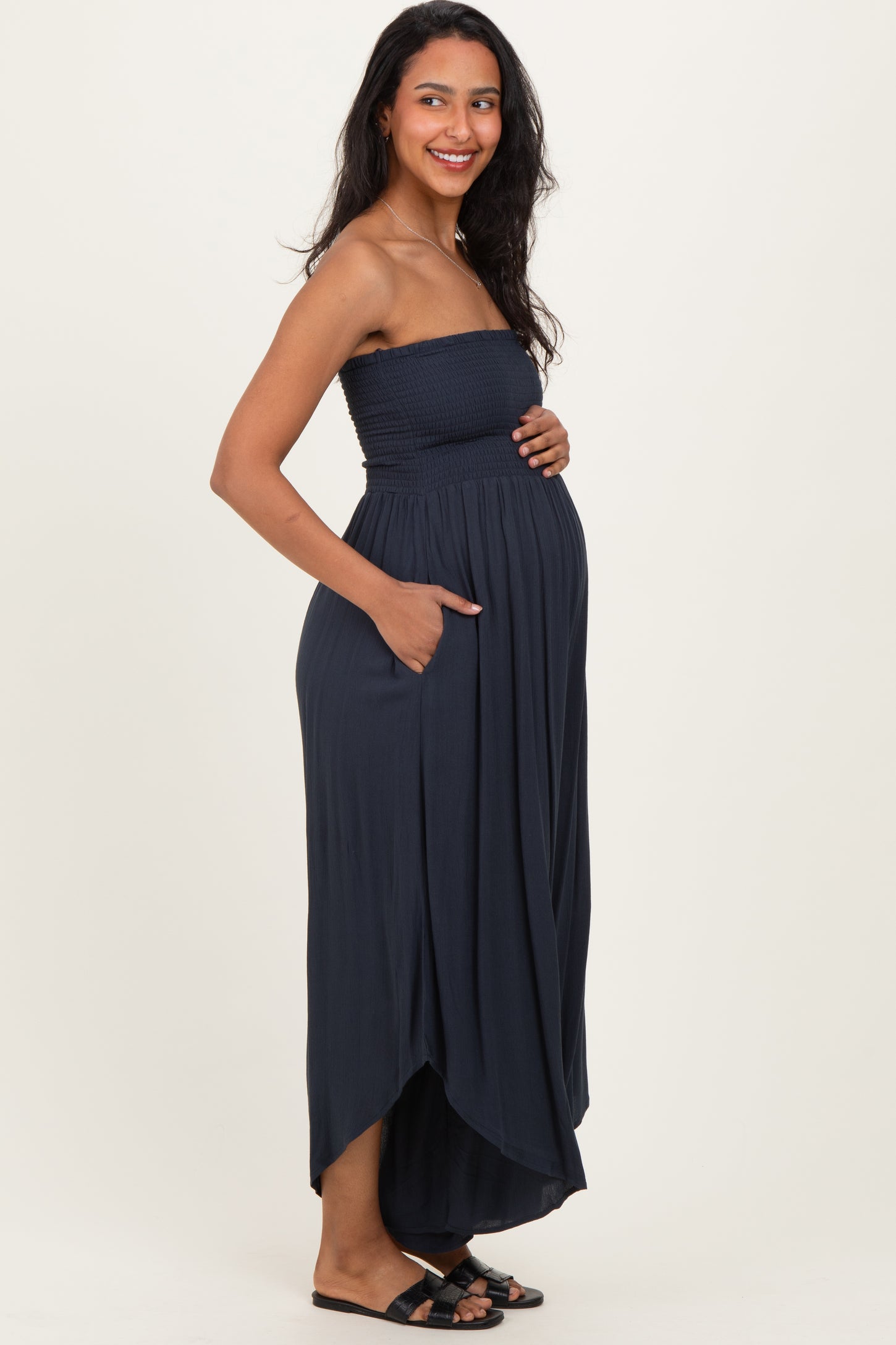 Navy Smocked Strapless Tulip Leg Maternity Jumpsuit