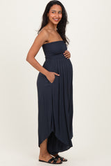 Navy Smocked Strapless Tulip Leg Maternity Jumpsuit