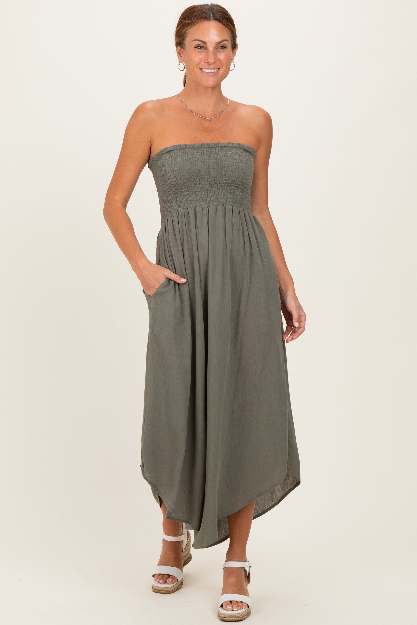 Olive Smocked Strapless Tulip Leg Jumpsuit
