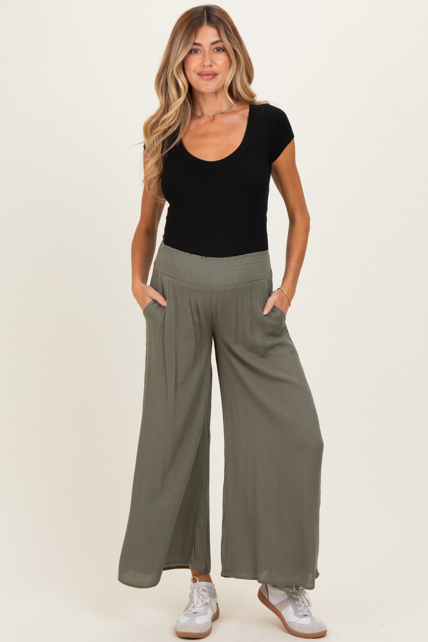 Olive Smocked Waist Ankle Wide Leg Maternity Pants