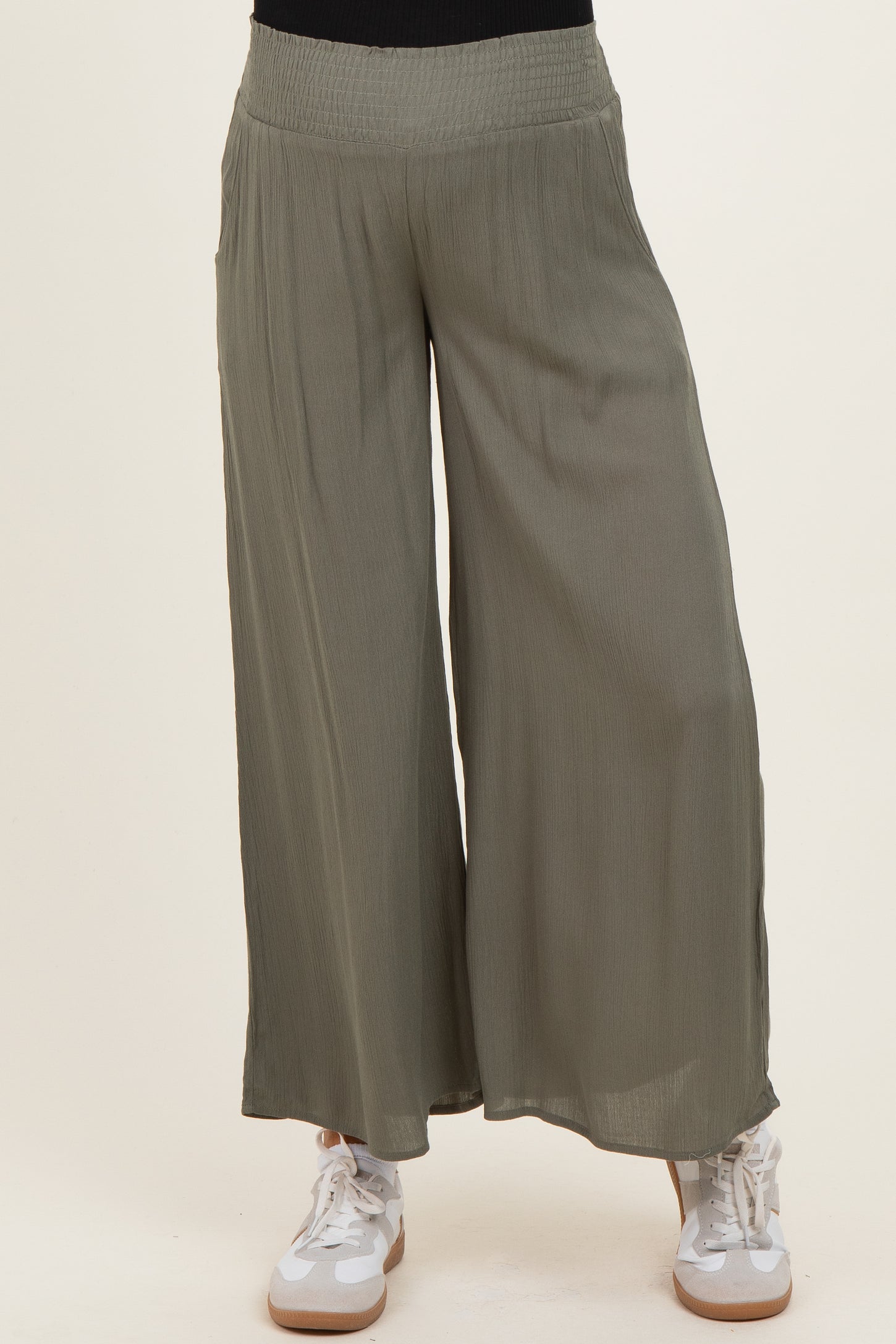 Olive Smocked Waist Ankle Wide Leg Maternity Pants