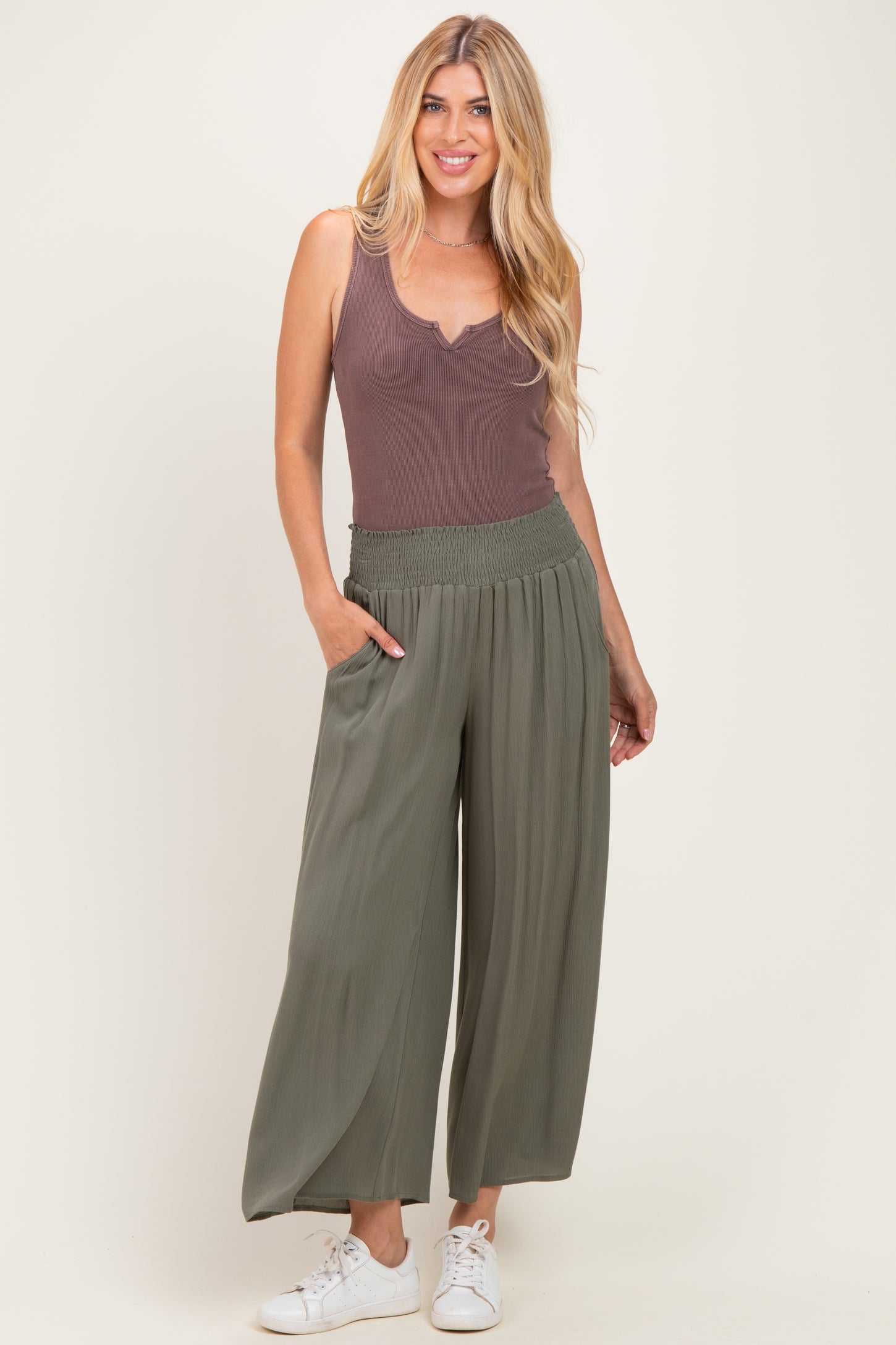Olive Smocked Waist Ankle Wide Leg Pants