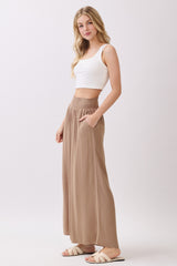 Camel Smocked Waist Ankle Wide Leg Pants