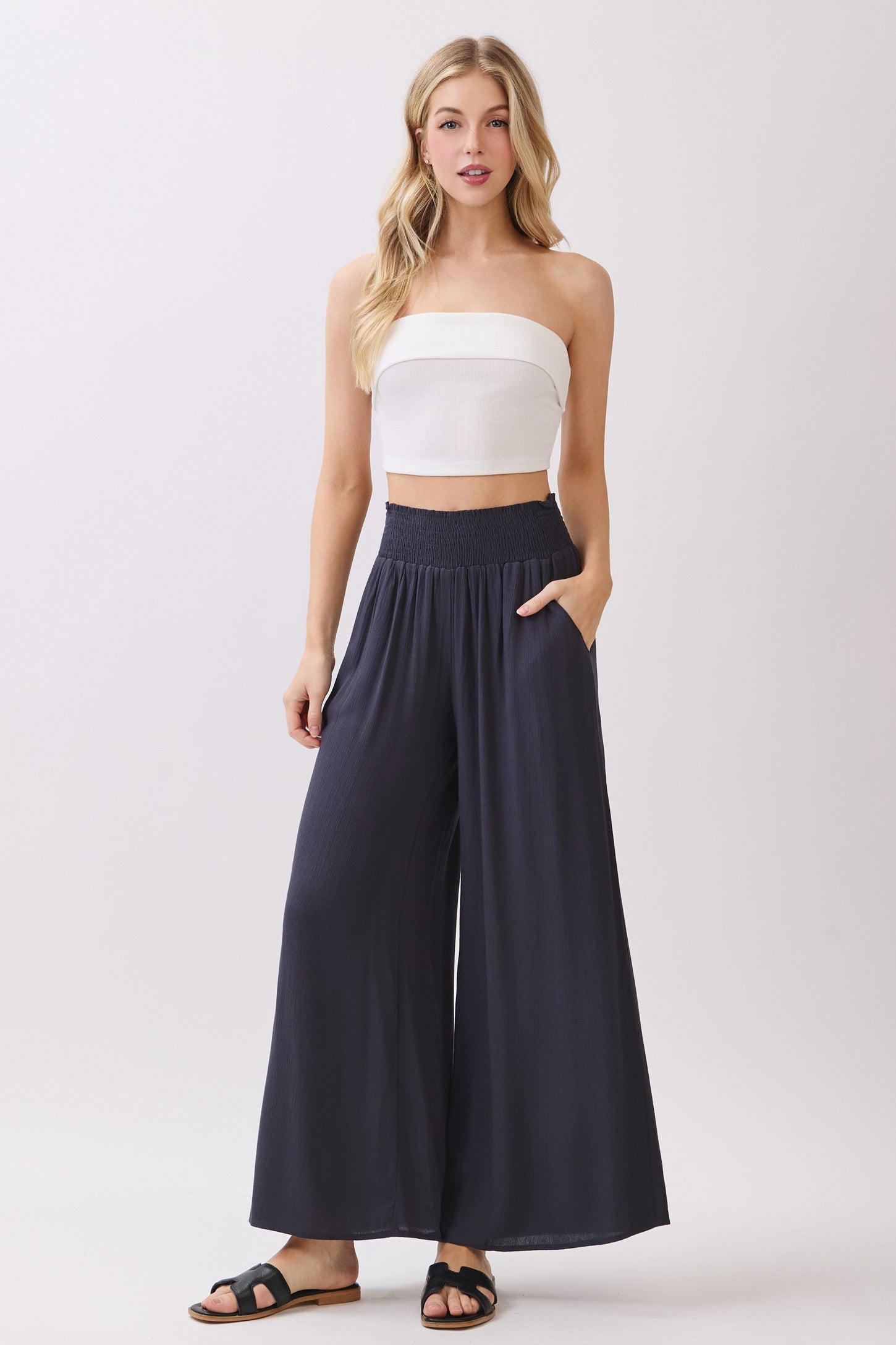 Navy Smocked Waist Ankle Wide Leg Maternity Pants