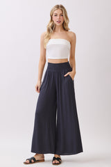 Navy Smocked Waist Ankle Wide Leg Maternity Pants