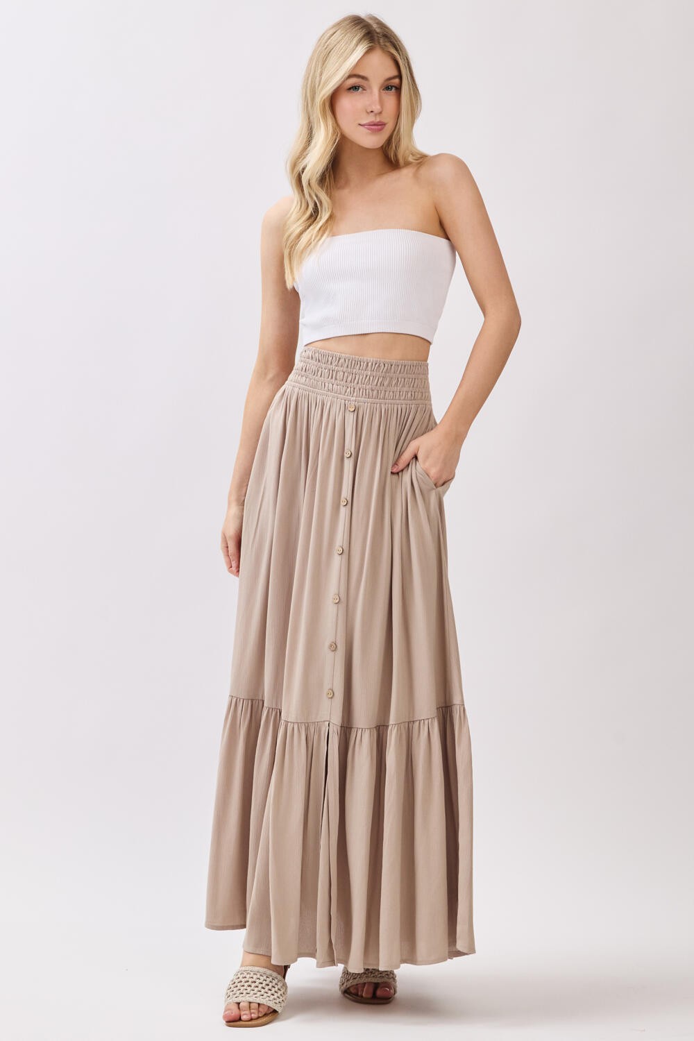 Sand Smocked Waist Button Detail Maternity Maxi Skirt