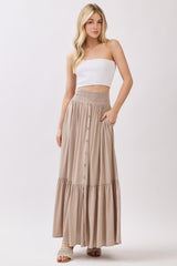 Sand Smocked Waist Button Detail Maternity Maxi Skirt
