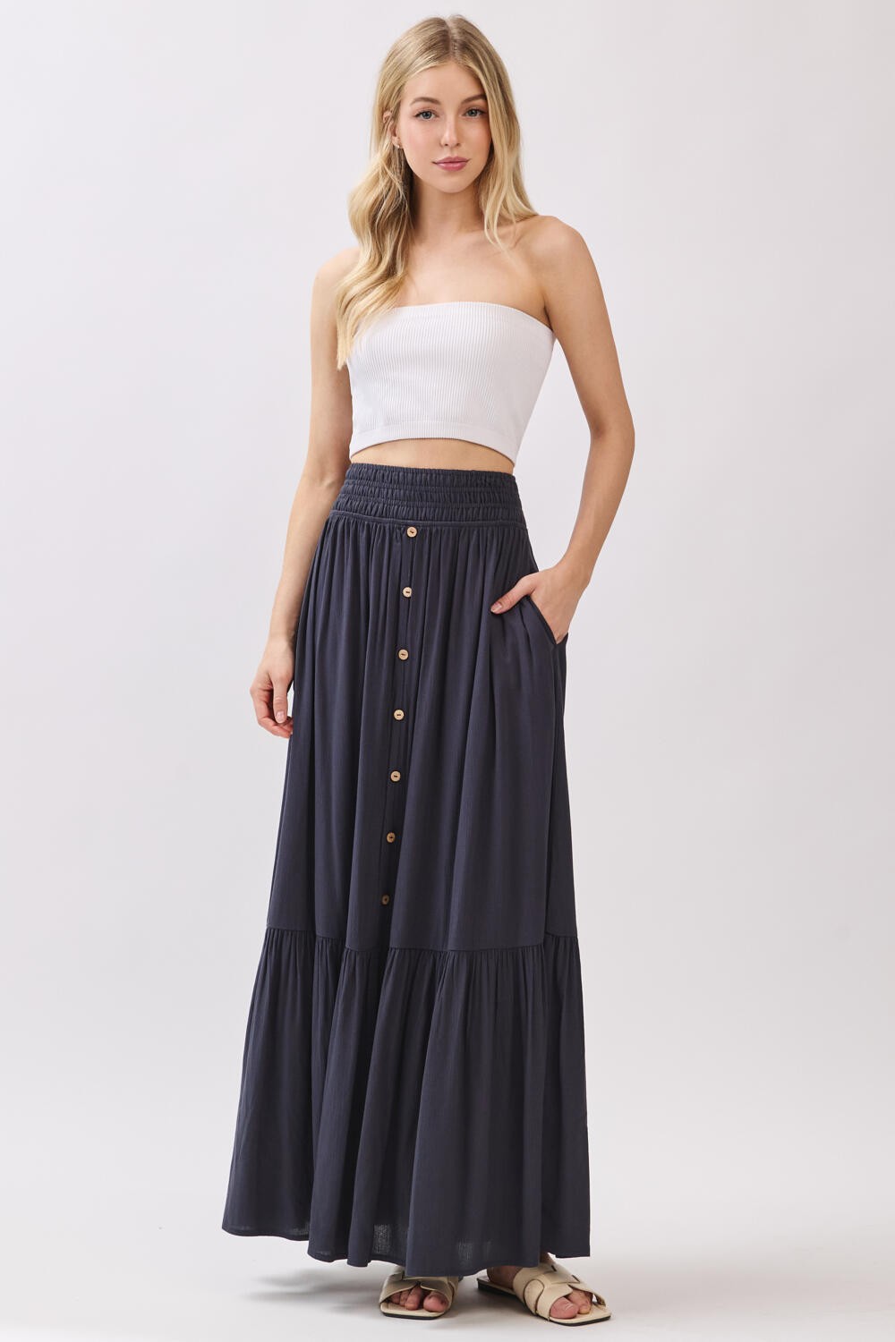 Navy Smocked Waist Button Detail Maternity Maxi Skirt