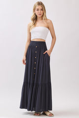 Navy Smocked Waist Button Detail Maternity Maxi Skirt