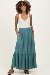 Turquoise Smocked Waist Button Detail Maternity Maxi Skirt