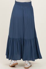 maternity wear flowy blue maxi skirt with a tiered hem and elastic waistband, shown from the back