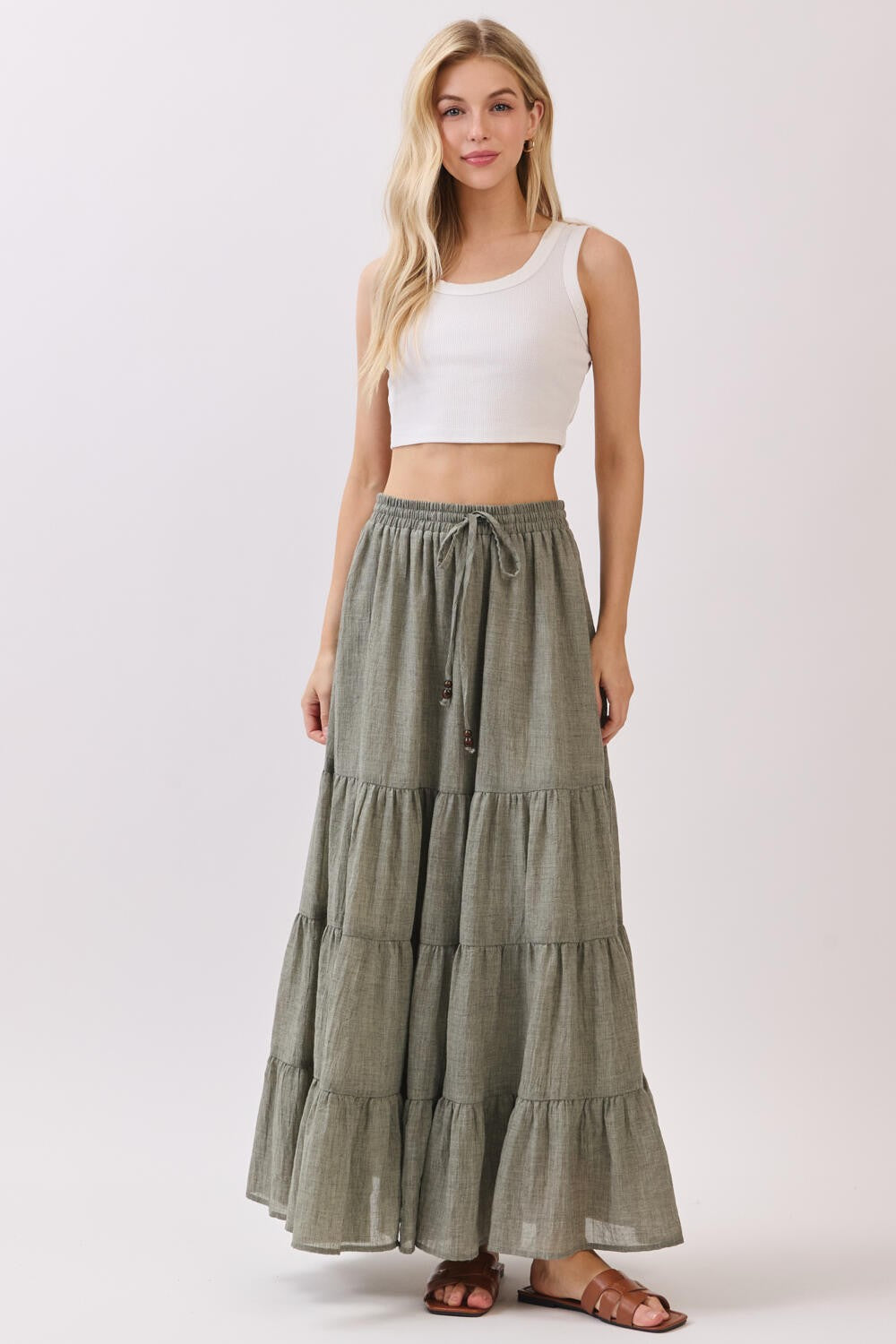 Olive Tiered Drawstring Maternity Maxi Skirt