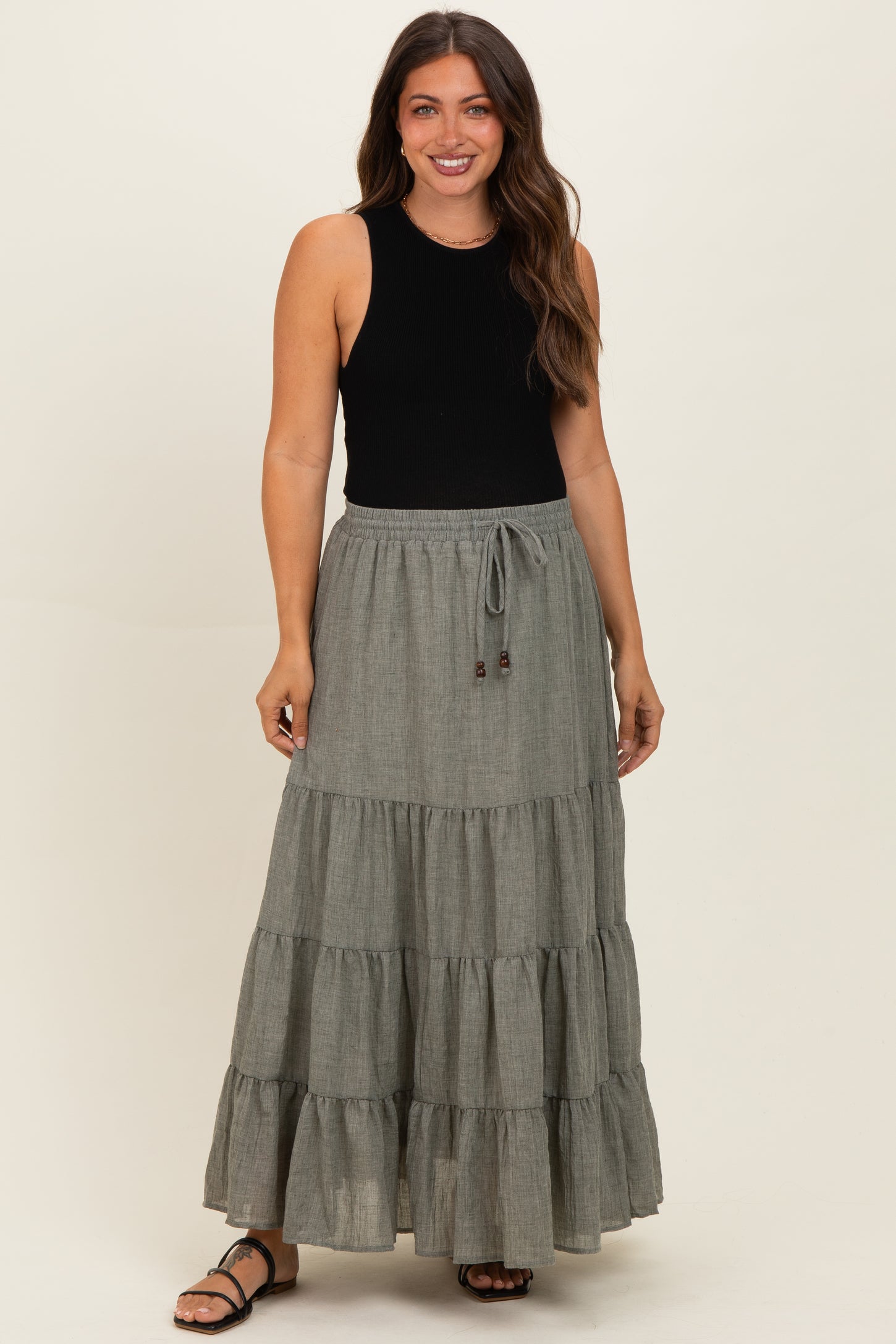 Olive Tiered Drawstring Maternity Maxi Skirt