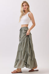 Olive Tiered Drawstring Maxi Skirt