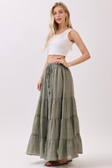 Olive Tiered Drawstring Maxi Skirt