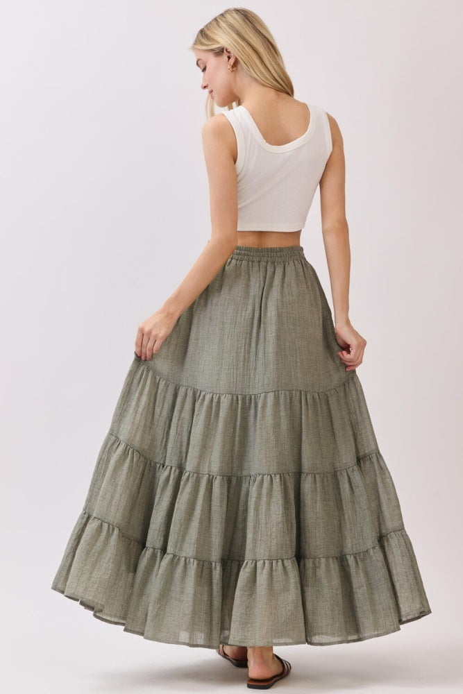Olive Tiered Drawstring Maxi Skirt