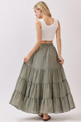 Olive Tiered Drawstring Maxi Skirt