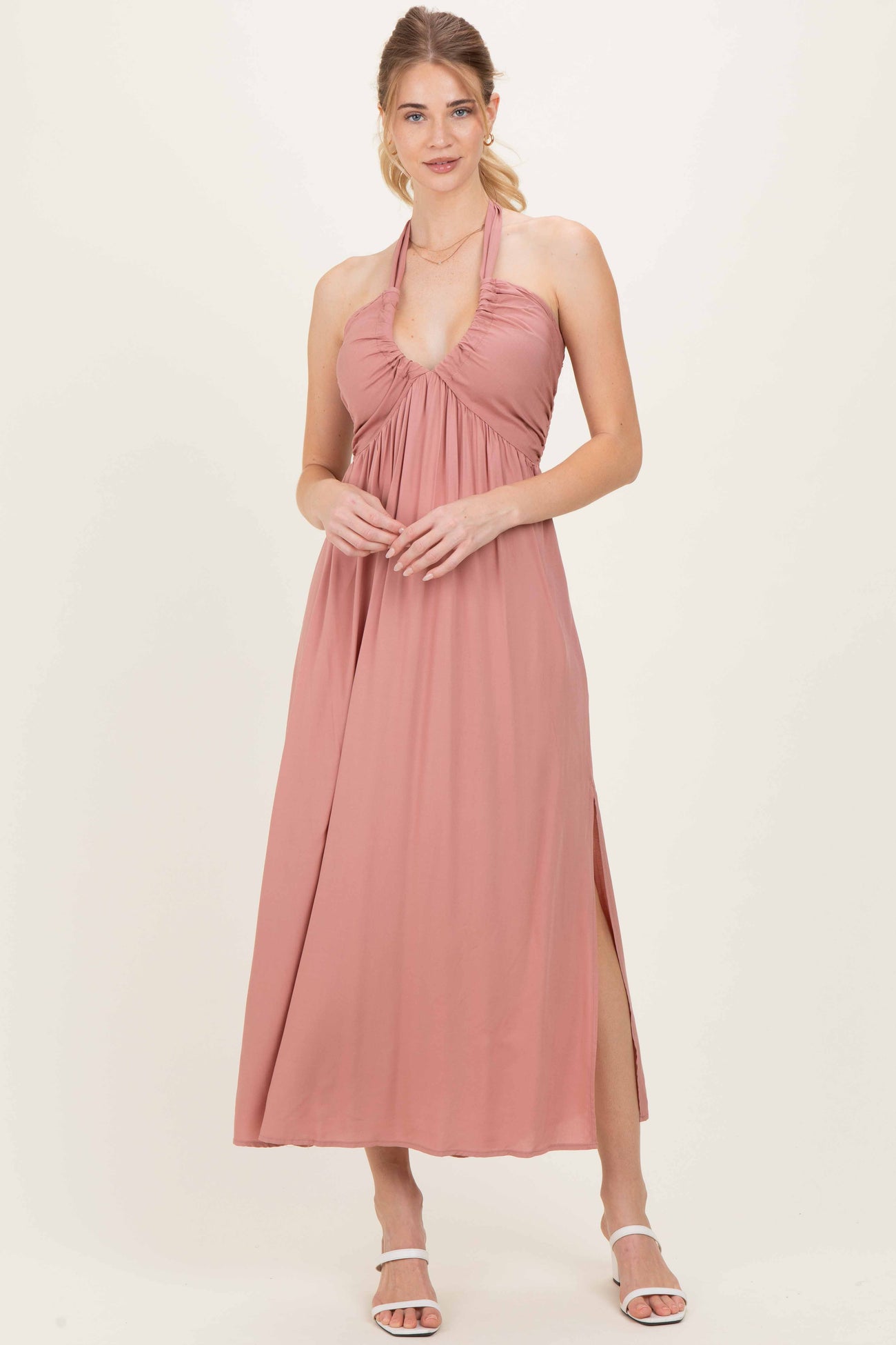 Mauve Halter Neck Side Slit Midi Dress