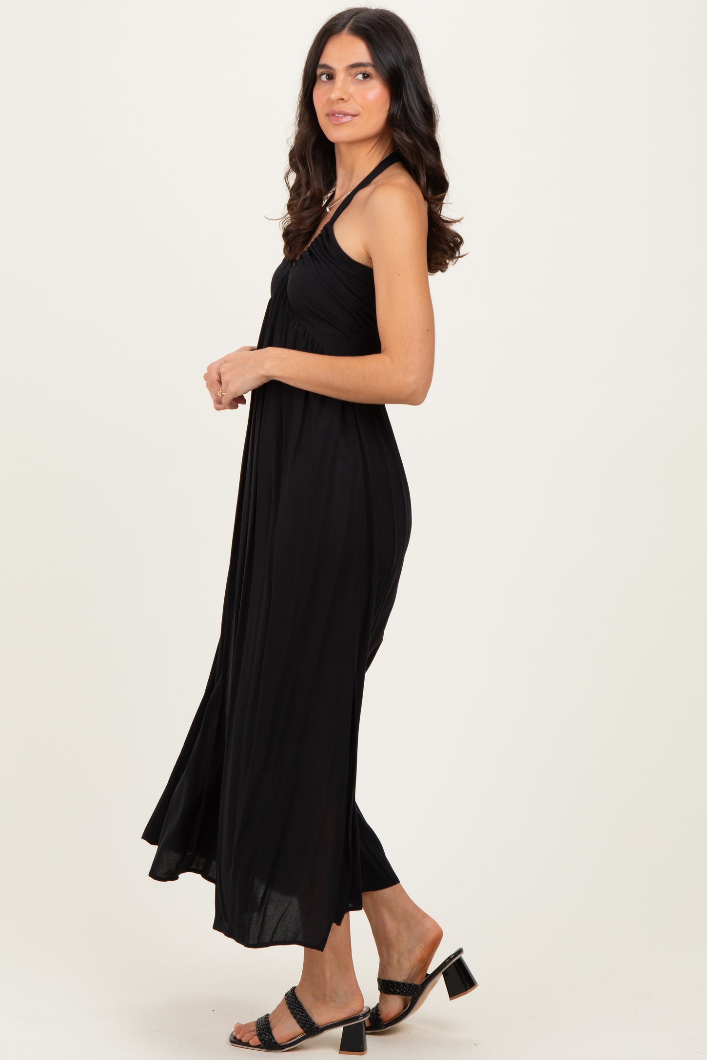Black Halter Neck Side Slit Midi Dress