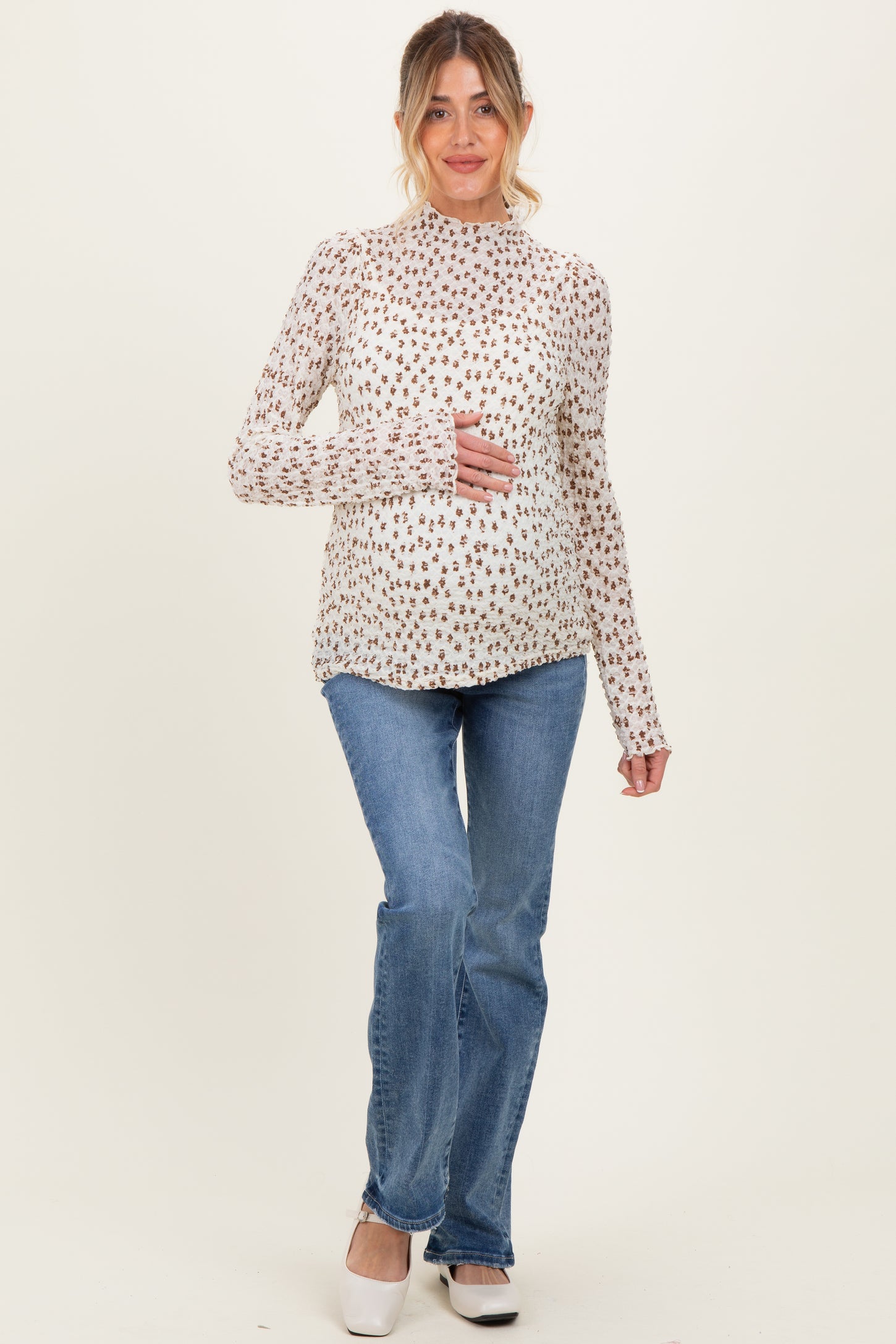 Cream Floral Sheer Mock Neck Maternity Fitted Top