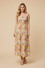 Pink Floral Smocked Sleeveless Maternity Maxi Dress