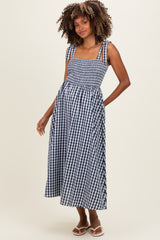Navy Gingham Smocked Shoulder Tie Maternity Midi Dress