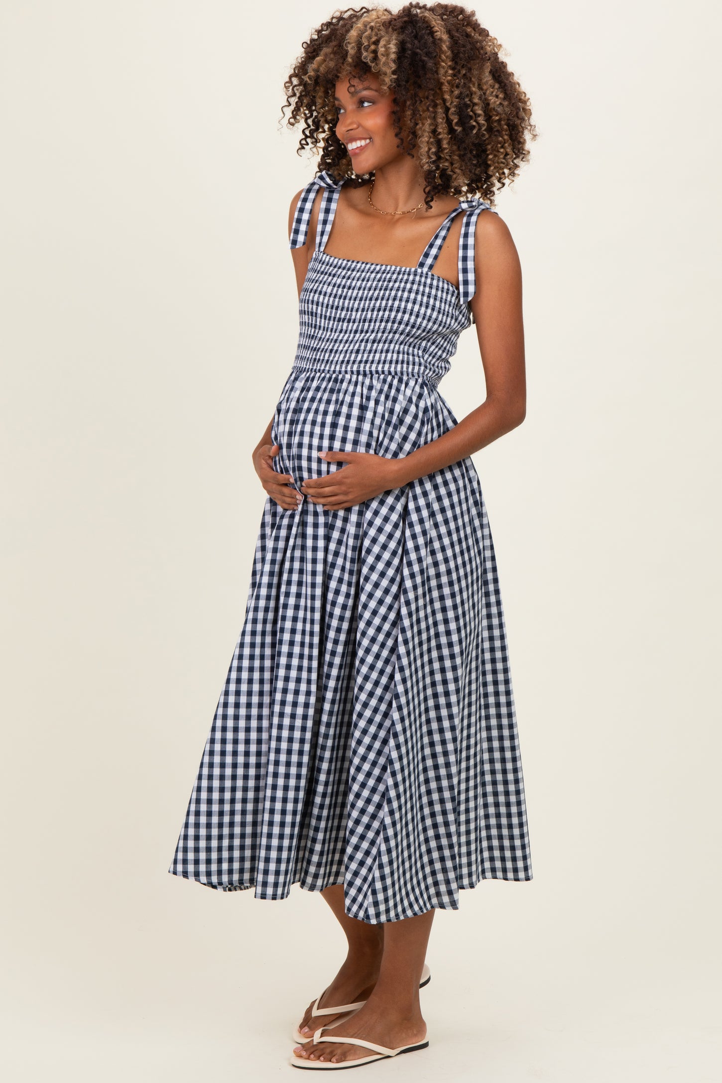 Navy Gingham Smocked Shoulder Tie Maternity Midi Dress