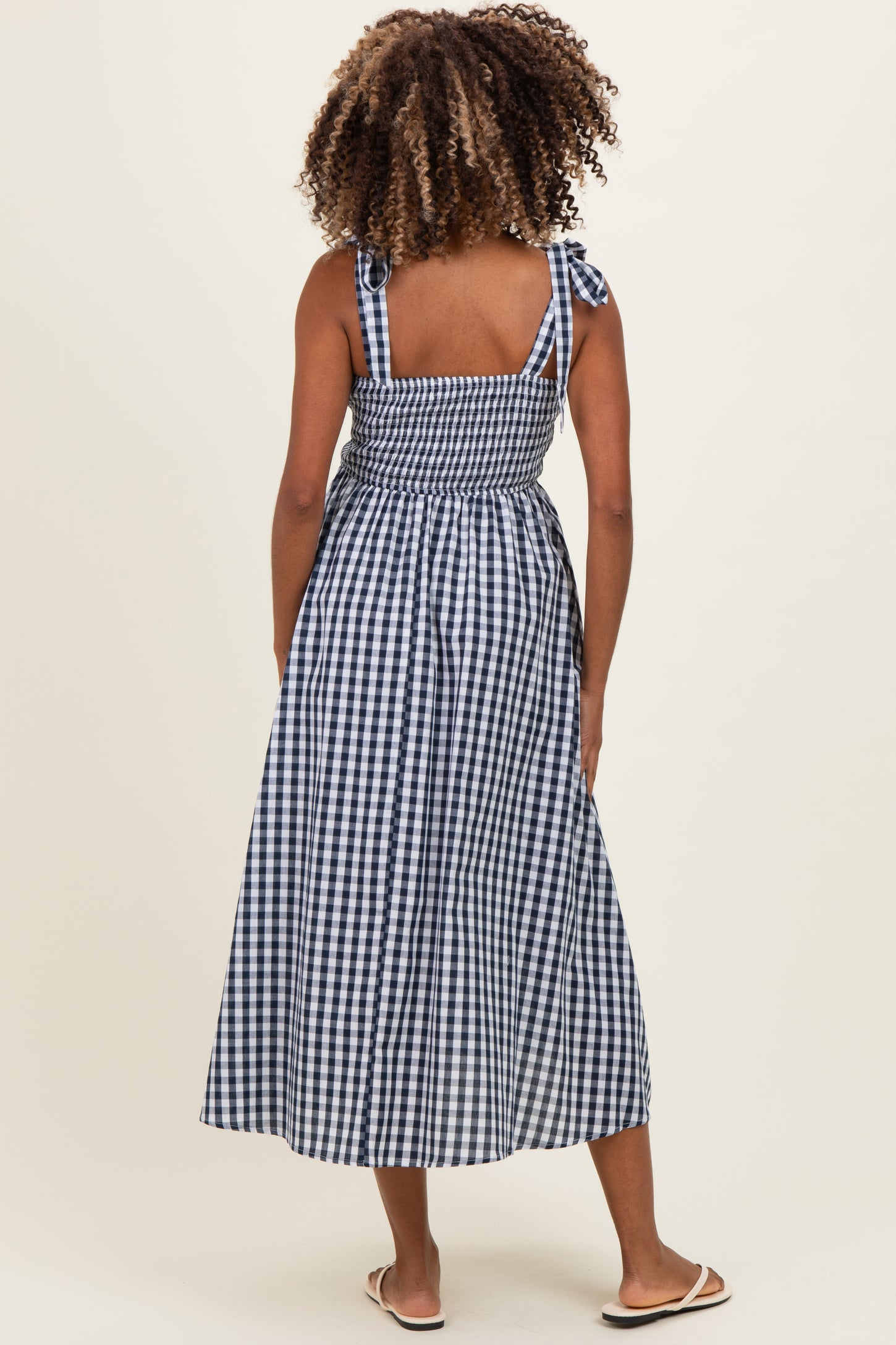 Navy Gingham Smocked Shoulder Tie Maternity Midi Dress