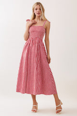Red Gingham Smocked Shoulder Tie Maternity Midi Dress