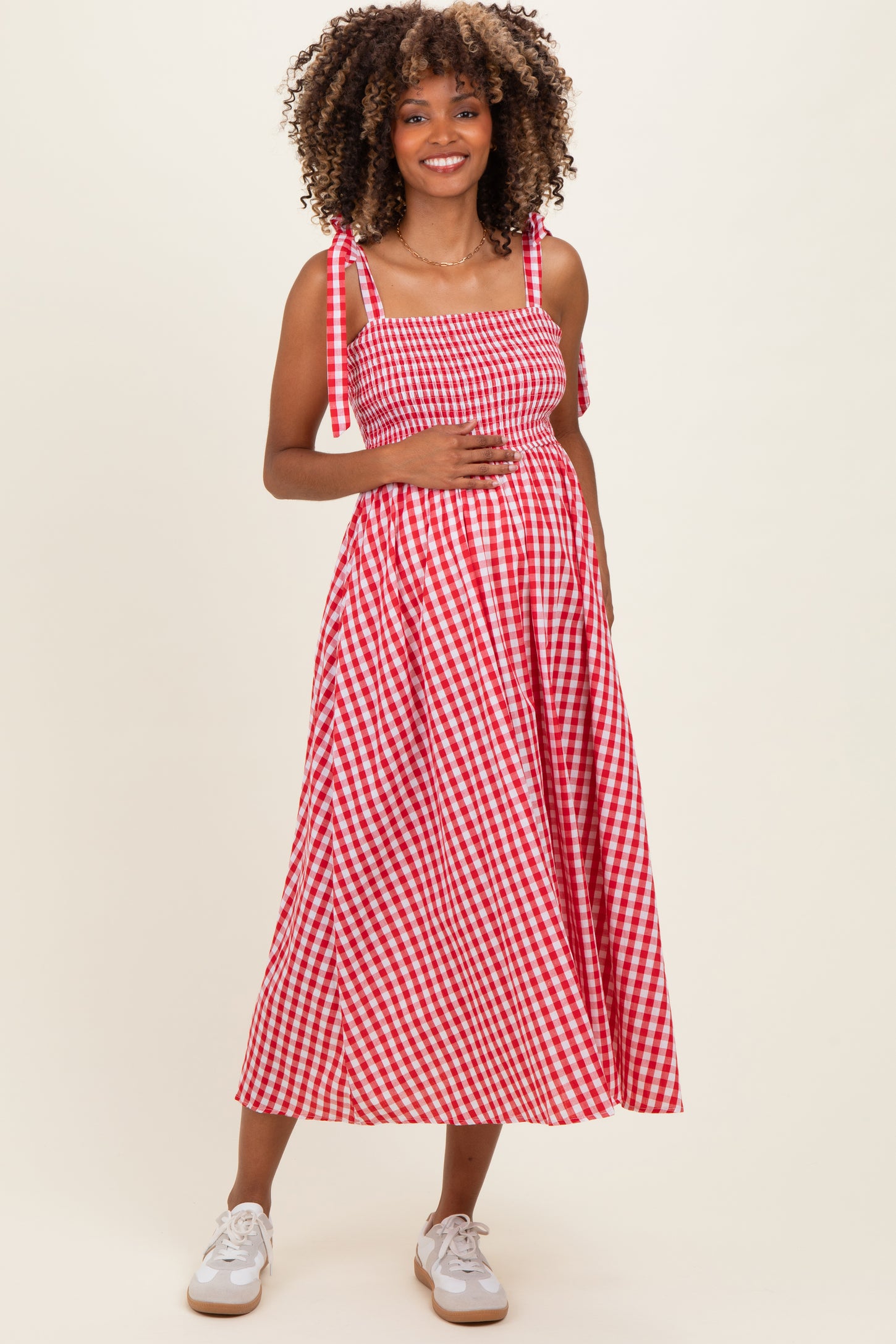 Red Gingham Smocked Shoulder Tie Maternity Midi Dress