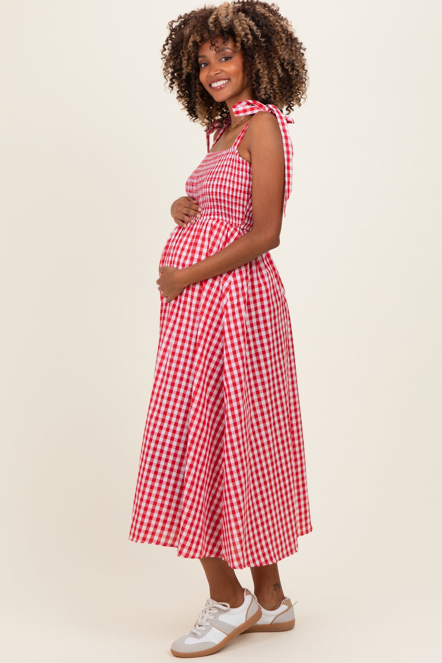 Red Gingham Smocked Shoulder Tie Maternity Midi Dress