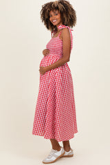 Red Gingham Smocked Shoulder Tie Maternity Midi Dress