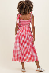 Red Gingham Smocked Shoulder Tie Maternity Midi Dress