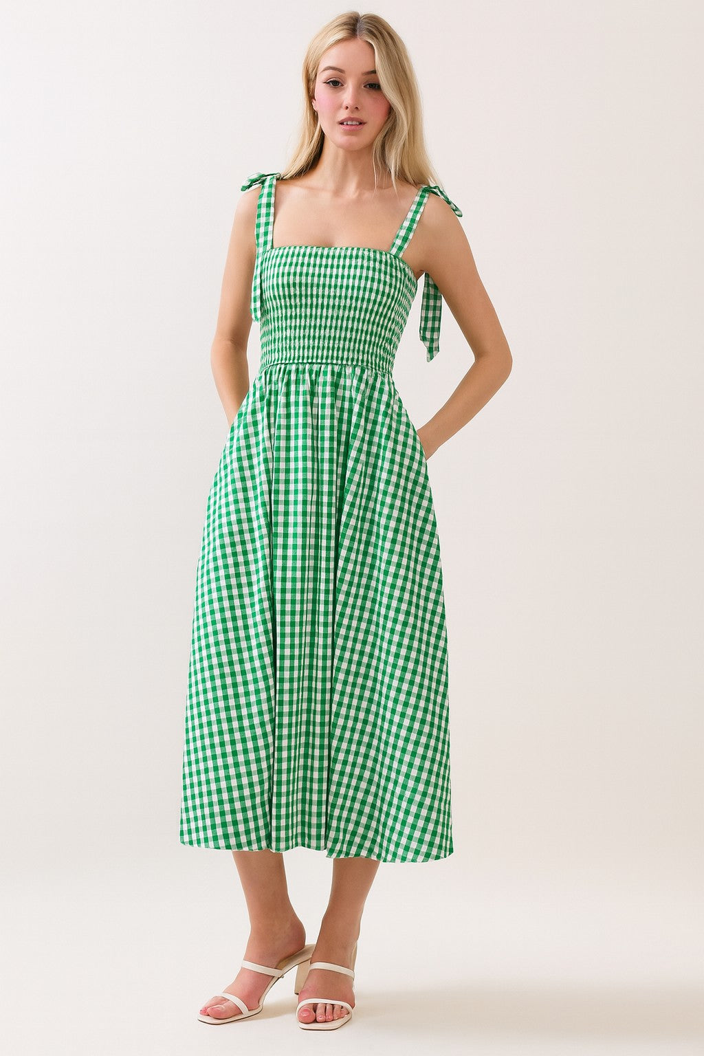 Green Gingham Smocked Shoulder Tie Midi Dress