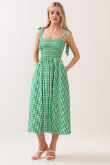 Green Gingham Smocked Shoulder Tie Midi Dress