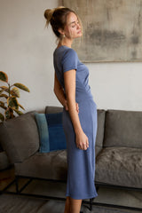 Dark Blue Gathered Waist Midi Dress