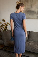 Dark Blue Gathered Waist Midi Dress