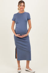 Dark Blue Gathered Waist Maternity Midi Dress