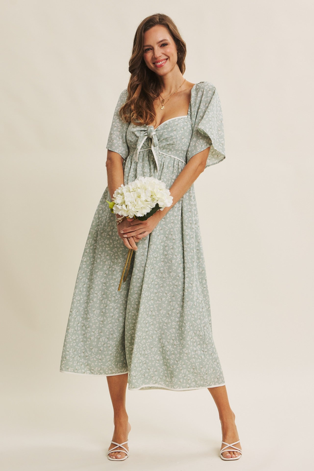 Sage Floral Tie Front Flutter Sleeve Midi Dress