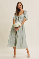 Sage Floral Tie Front Flutter Sleeve Midi Dress