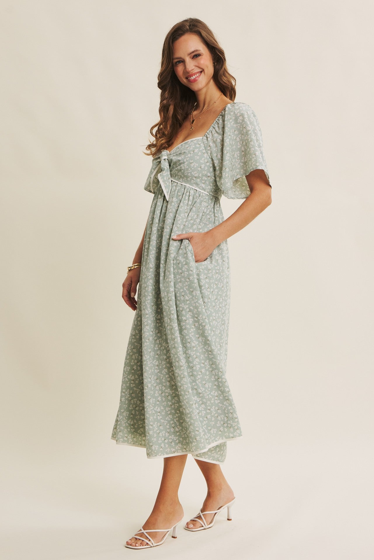 Sage Floral Tie Front Flutter Sleeve Midi Dress