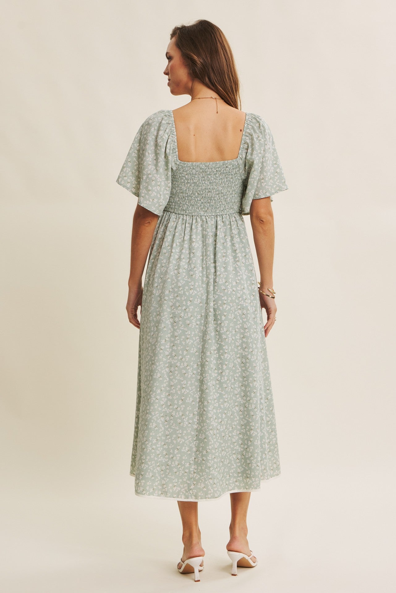 Sage Floral Tie Front Flutter Sleeve Midi Dress