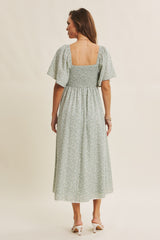 Sage Floral Tie Front Flutter Sleeve Midi Dress