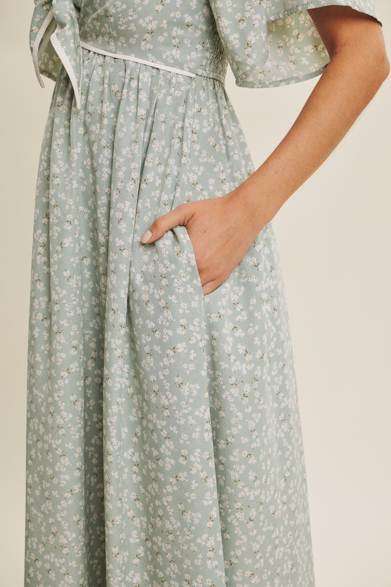 Sage Floral Tie Front Flutter Sleeve Midi Dress