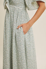 Sage Floral Tie Front Flutter Sleeve Midi Dress
