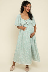 Sage Floral Tie Front Flutter Sleeve Maternity Midi Dress