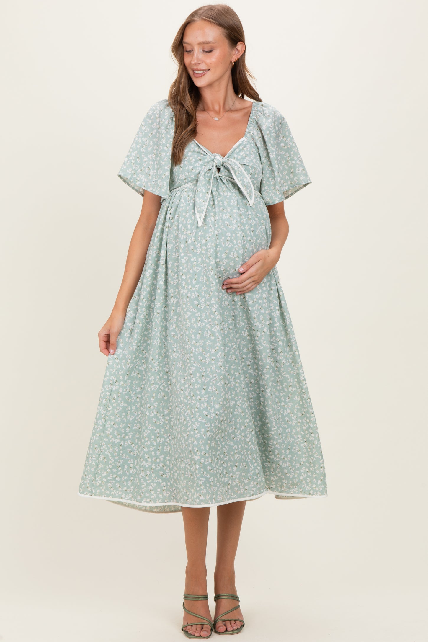 Sage Floral Tie Front Flutter Sleeve Maternity Midi Dress