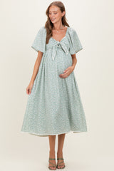 Sage Floral Tie Front Flutter Sleeve Maternity Midi Dress