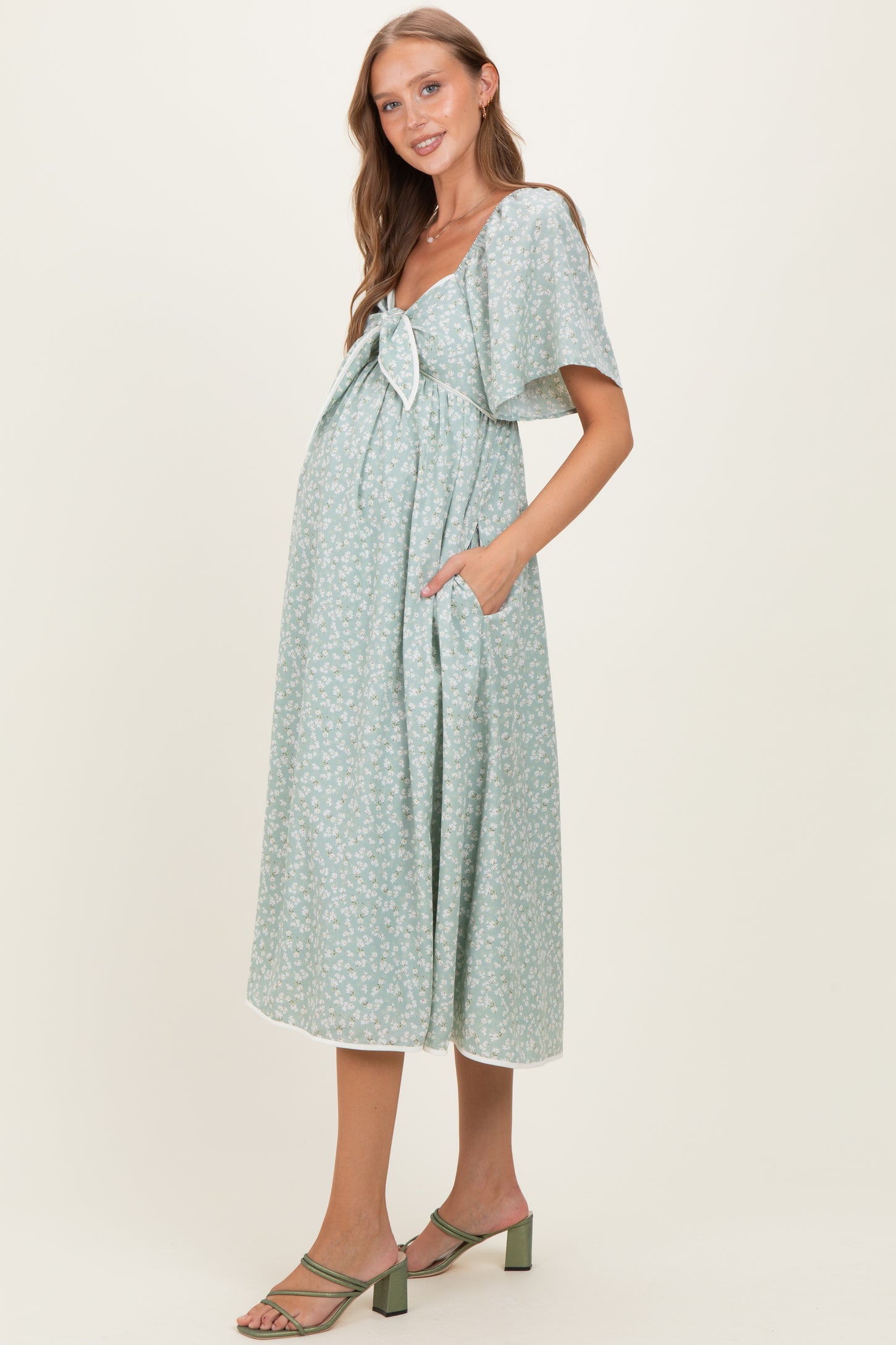 Sage Floral Tie Front Flutter Sleeve Maternity Midi Dress